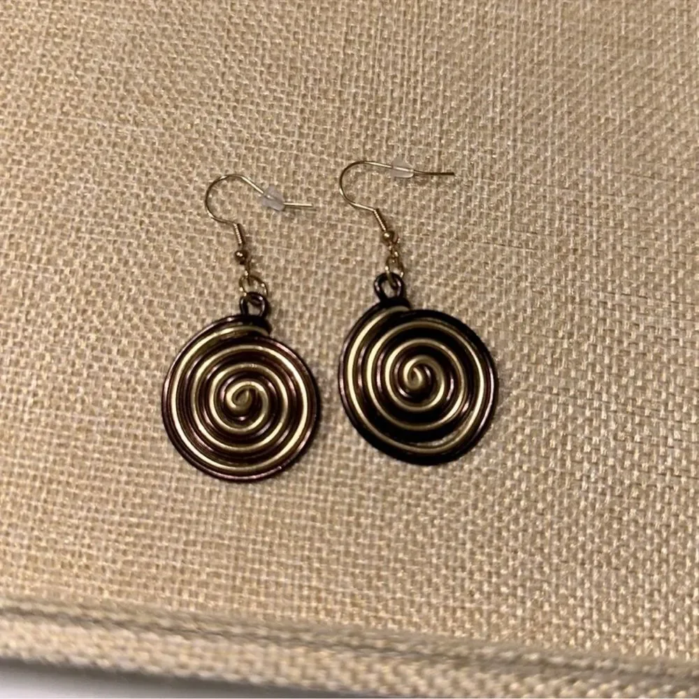 Psychedelic Gold Brown Tone Swirl Dangling Earrings